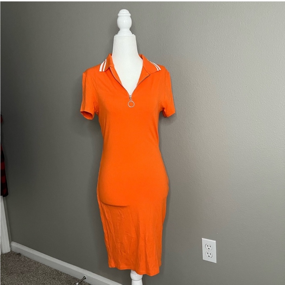 Sporty orange bodycon dress with collar fits S and M sizes